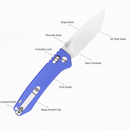 Pocket Folding EDC Knife 3.14 D2 Steel Satin Sharp Blade, G10 Scales, Crossbar Axis Lock