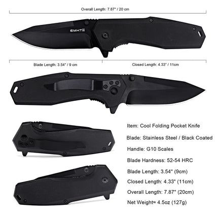 EDC Pocket Folding Knife - 3.54" Stainless Steel Black Blade, G10 Scales Liner Lock EMH03