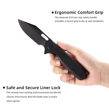 Clip Point Folding Pocket Knife - D2 Steel Black Blade, G10 Tactical Handle, Liner Lock & Deep Carry Clip E032
