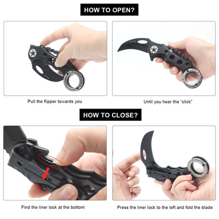 Tactical Karambit Folding Claw-Knife: Sharp Raptor Stainless Steel Black Curved Blade and Aluminum Handle