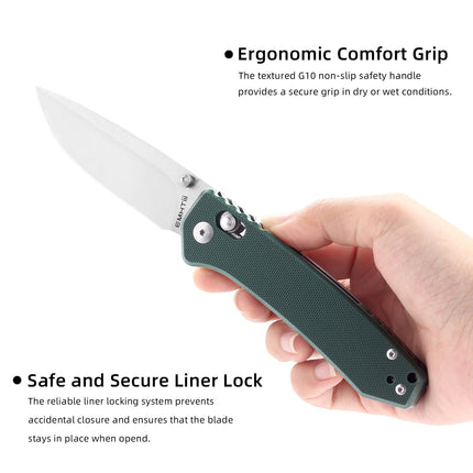 Pocket Folding EDC Knife 3.14 D2 Steel Satin Sharp Blade, G10 Scales, Crossbar Axis Lock