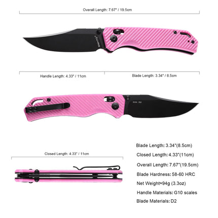 Folding Pocket Knife with Reversible Clip: D2 Steel Black Clip Point Blade,Thumb Stud, G10 Handle Scales E033