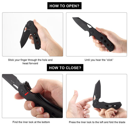 D2 Steel Pocket Folding Knife, 3.14" Black Blade, G10 Handle with Liner Lock, Thumb Hole, E028