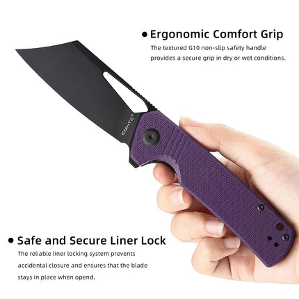 D2 Steel Pocket Folding Knife Cleaver - 3.54" Black Blade Liner Lock G10 Handle with Reversible Clip