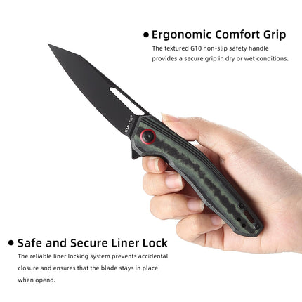 Premium EDC Folding Pocket Knife - D2 Steel Blade with Reverse Tanto Design G10 Handle and Deep Clip, E031