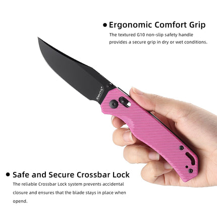 Folding Pocket Knife with Reversible Clip: D2 Steel Black Clip Point Blade,Thumb Stud, G10 Handle Scales E033