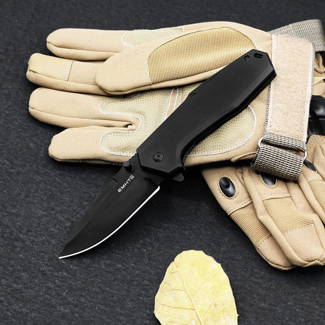 EDC Pocket Folding Knife - 3.54" Stainless Steel Black Blade, G10 Scales Liner Lock EMH03