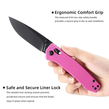D2 Steel Folding Pocket Knife with Reversible Clip 3.14 Black Drop Point Blade, Crossbar Axis Lock, G10 Handle Scales
