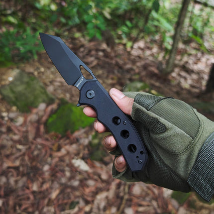 D2 Steel Pocket Folding Knife, 3.14" Black Blade, G10 Handle with Liner Lock, Thumb Hole, E028