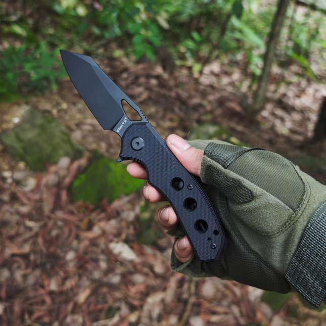 D2 Steel Pocket Folding Knife, 3.14" Black Blade, G10 Handle with Liner Lock, Thumb Hole, E028