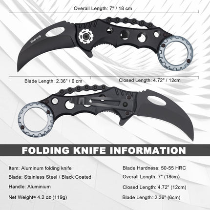 Tactical Karambit Folding Claw-Knife: Sharp Raptor Stainless Steel Black Curved Blade and Aluminum Handle