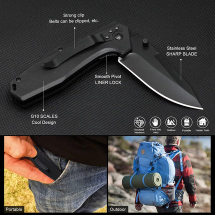 EDC Pocket Folding Knife - 3.54" Stainless Steel Black Blade, G10 Scales Liner Lock EMH03