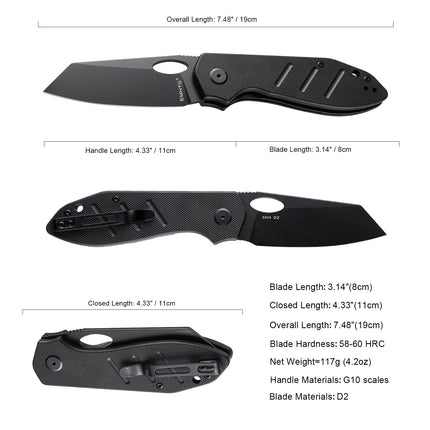 Reverse Tanto Pocket Folding Knife: D2 Steel Black Blade, EDC Tactical Camping Knives, E034