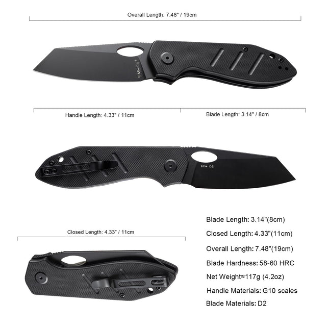 Reverse Tanto Pocket Folding Knife: D2 Steel Black Blade, EDC Tactical Camping Knives, E034