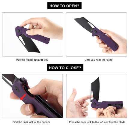 D2 Steel Pocket Folding Knife Cleaver - 3.54" Black Blade Liner Lock G10 Handle with Reversible Clip