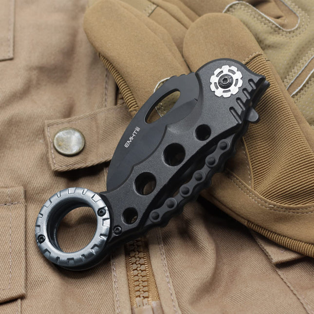Tactical Karambit Folding Claw-Knife: Sharp Raptor Stainless Steel Black Curved Blade and Aluminum Handle