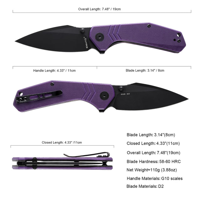 EDC Folding Pocket Knife - G10 Handle Scales with Liner Lock, Reversible Clip E029