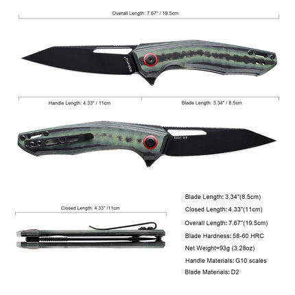 Premium EDC Folding Pocket Knife - D2 Steel Blade with Reverse Tanto Design G10 Handle and Deep Clip, E031