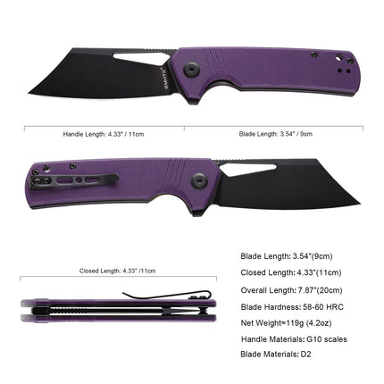 D2 Steel Pocket Folding Knife Cleaver - 3.54" Black Blade Liner Lock G10 Handle with Reversible Clip