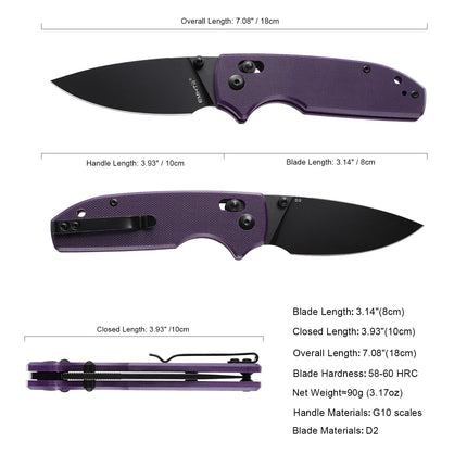 Folding Pocket Knife with Reversible Clip: 3.14" D2 Steel Black Drop Point Blade, Crossbar Axis Lock, G10 Handle Scales