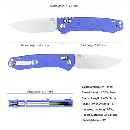Pocket Folding EDC Knife 3.14 D2 Steel Satin Sharp Blade, G10 Scales, Crossbar Axis Lock