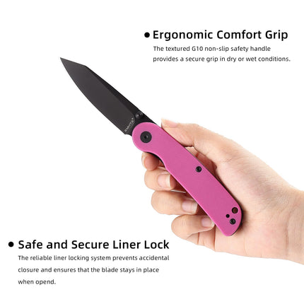 EDC Small Pocket Knife - 2.95" D2 Steel Black Reverse Tanto Blade, G10 Handle with Clip, Liner Lock, E035