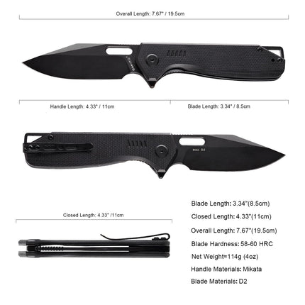 Clip Point Folding Pocket Knife - D2 Steel Black Blade, G10 Tactical Handle, Liner Lock & Deep Carry Clip E032