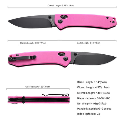 D2 Steel Folding Pocket Knife with Reversible Clip 3.14 Black Drop Point Blade, Crossbar Axis Lock, G10 Handle Scales