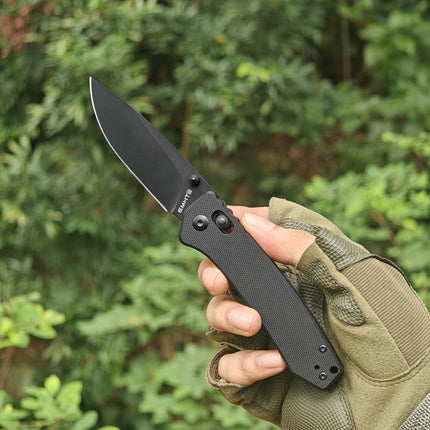 D2 Steel Folding Pocket Knife with Reversible Clip 3.14 Black Drop Point Blade, Crossbar Axis Lock, G10 Handle Scales