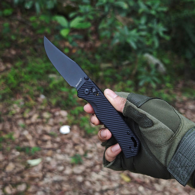 Folding Pocket Knife with Reversible Clip: D2 Steel Black Clip Point Blade,Thumb Stud, G10 Handle Scales E033