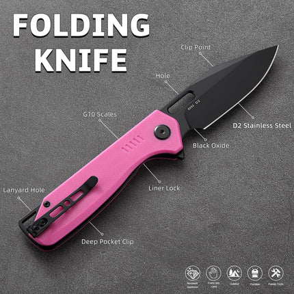 Clip Point Folding Pocket Knife - D2 Steel Black Blade, G10 Tactical Handle, Liner Lock & Deep Carry Clip E032