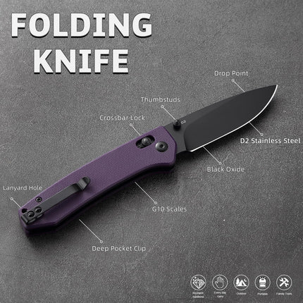 D2 Steel Folding Pocket Knife with Reversible Clip 3.14 Black Drop Point Blade, Crossbar Axis Lock, G10 Handle Scales