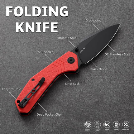 EDC Folding Pocket Knife - G10 Handle Scales with Liner Lock, Reversible Clip E029