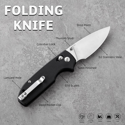Folding Pocket Knife with Reversible Clip: 3.14" D2 Steel Black Drop Point Blade, Crossbar Axis Lock, G10 Handle Scales