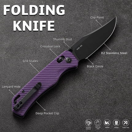 Folding Pocket Knife with Reversible Clip: D2 Steel Black Clip Point Blade,Thumb Stud, G10 Handle Scales E033