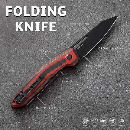 Premium EDC Folding Pocket Knife - D2 Steel Blade with Reverse Tanto Design G10 Handle and Deep Clip, E031