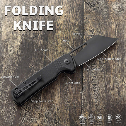 D2 Steel Pocket Folding Knife Cleaver - 3.54" Black Blade Liner Lock G10 Handle with Reversible Clip