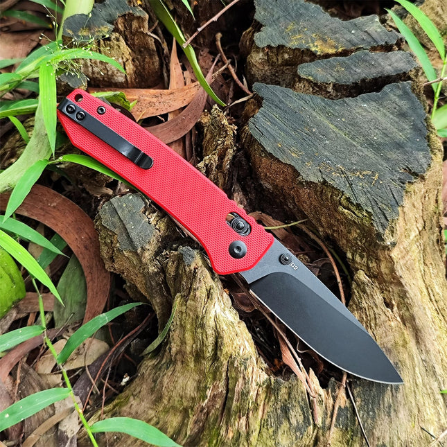 D2 Steel Folding Pocket Knife with Reversible Clip 3.14 Black Drop Point Blade, Crossbar Axis Lock, G10 Handle Scales