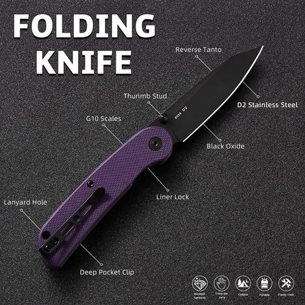 EDC Small Pocket Knife - 2.95" D2 Steel Black Reverse Tanto Blade, G10 Handle with Clip, Liner Lock, E035