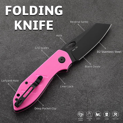 Reverse Tanto Pocket Folding Knife: D2 Steel Black Blade, EDC Tactical Camping Knives, E034