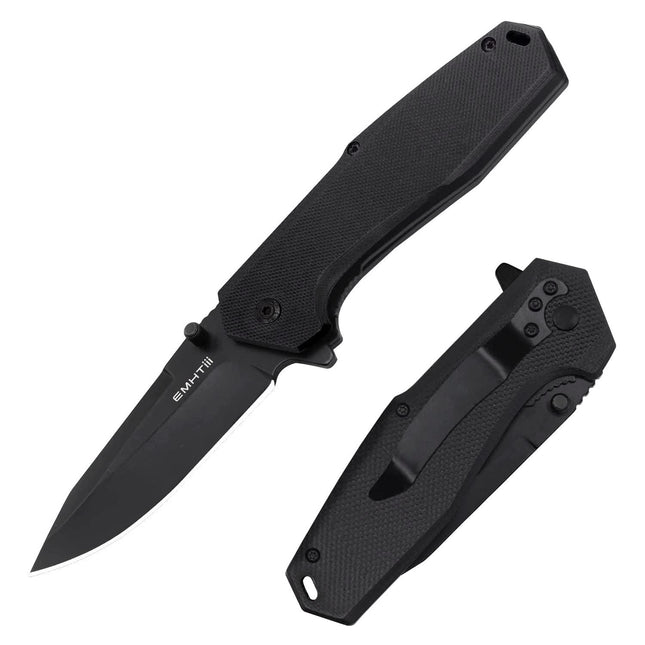 EDC Pocket Folding Knife - 3.54" Stainless Steel Black Blade, G10 Scales Liner Lock EMH03