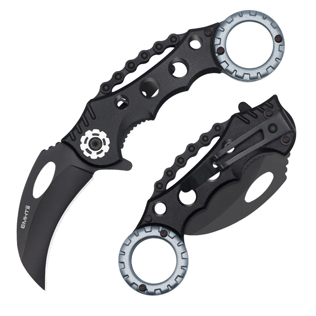 Tactical Karambit Folding Claw-Knife: Sharp Raptor Stainless Steel Black Curved Blade and Aluminum Handle