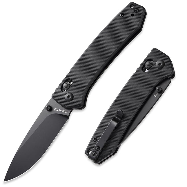 D2 Steel Folding Pocket Knife with Reversible Clip 3.14 Black Drop Point Blade, Crossbar Axis Lock, G10 Handle Scales